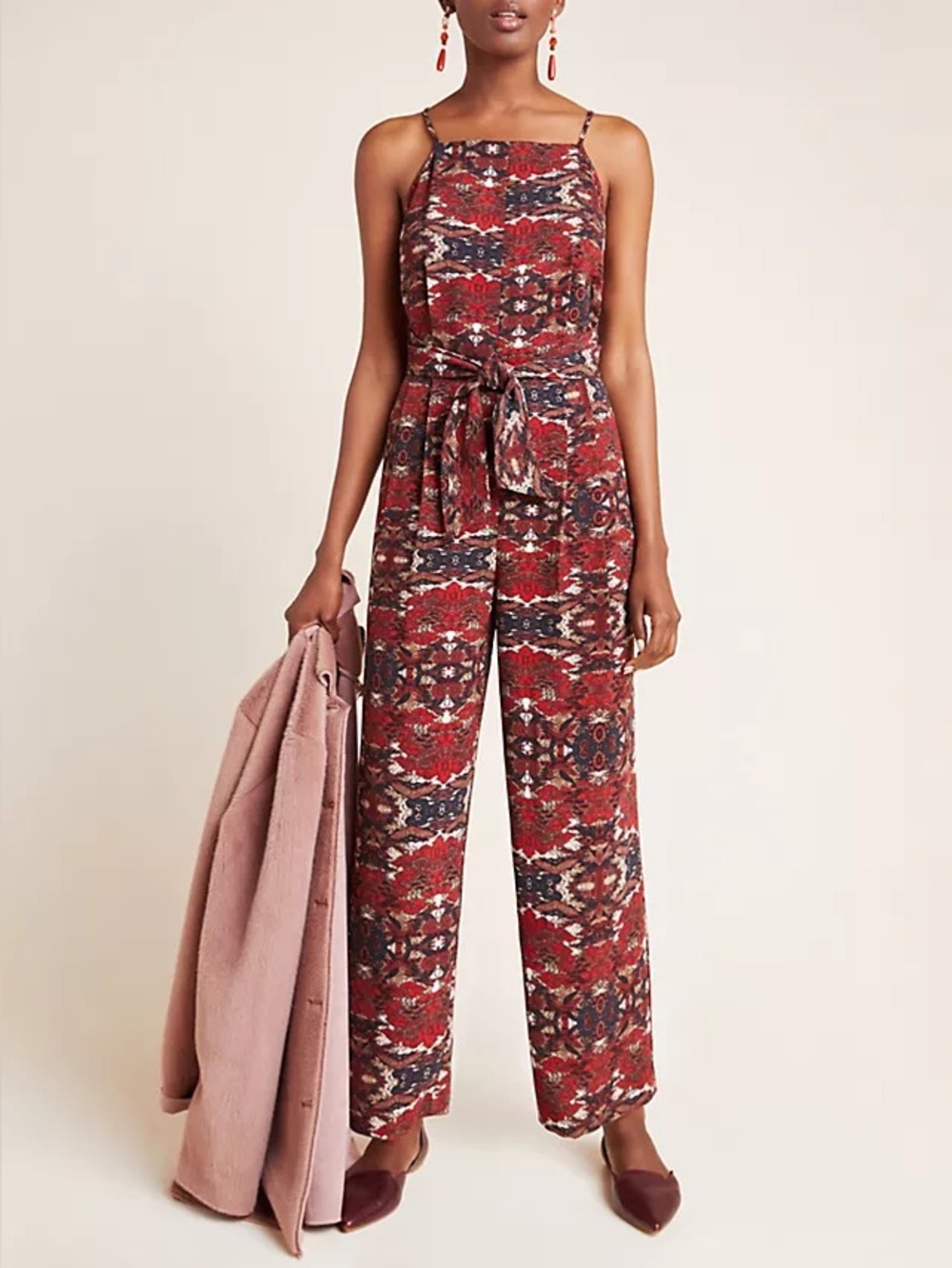 Anthropologie Greylin Macie Wide-Leg Jumpsuit Red Motif Tie Waist Small Cropped